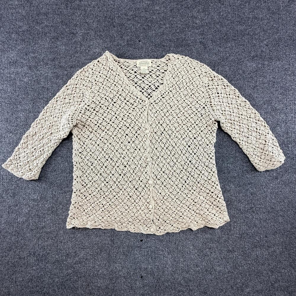 St. John's Bay Ramie Sweater Womens 2X Beige Crochet Open Knit 3/4 Sleeve